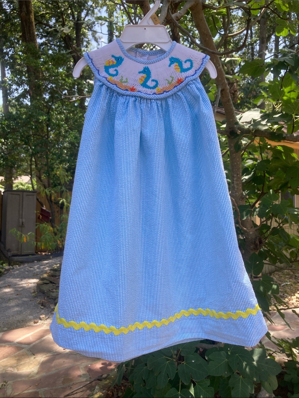 Blue Smocked Seahorse A-Line Kids Dress